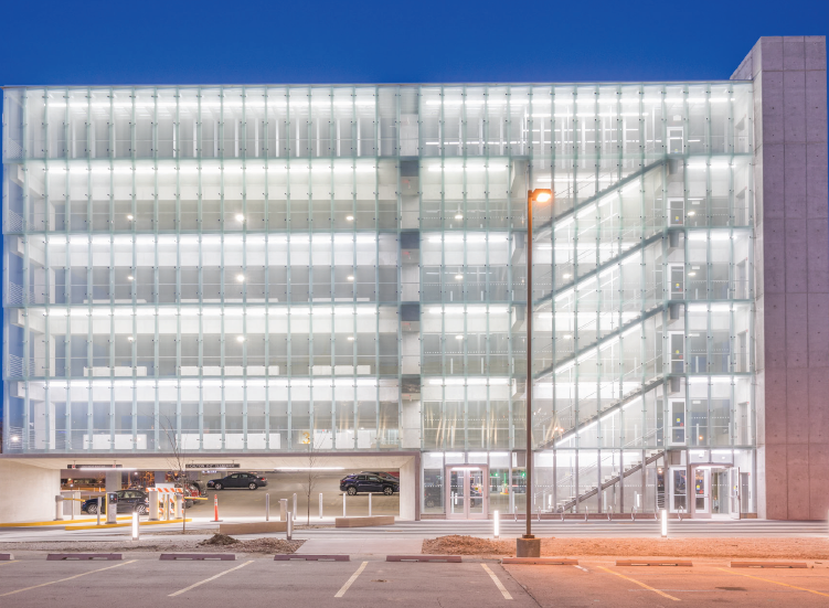 Exterior of E. 2nd Street parking ramp in Des Moines, Iowa